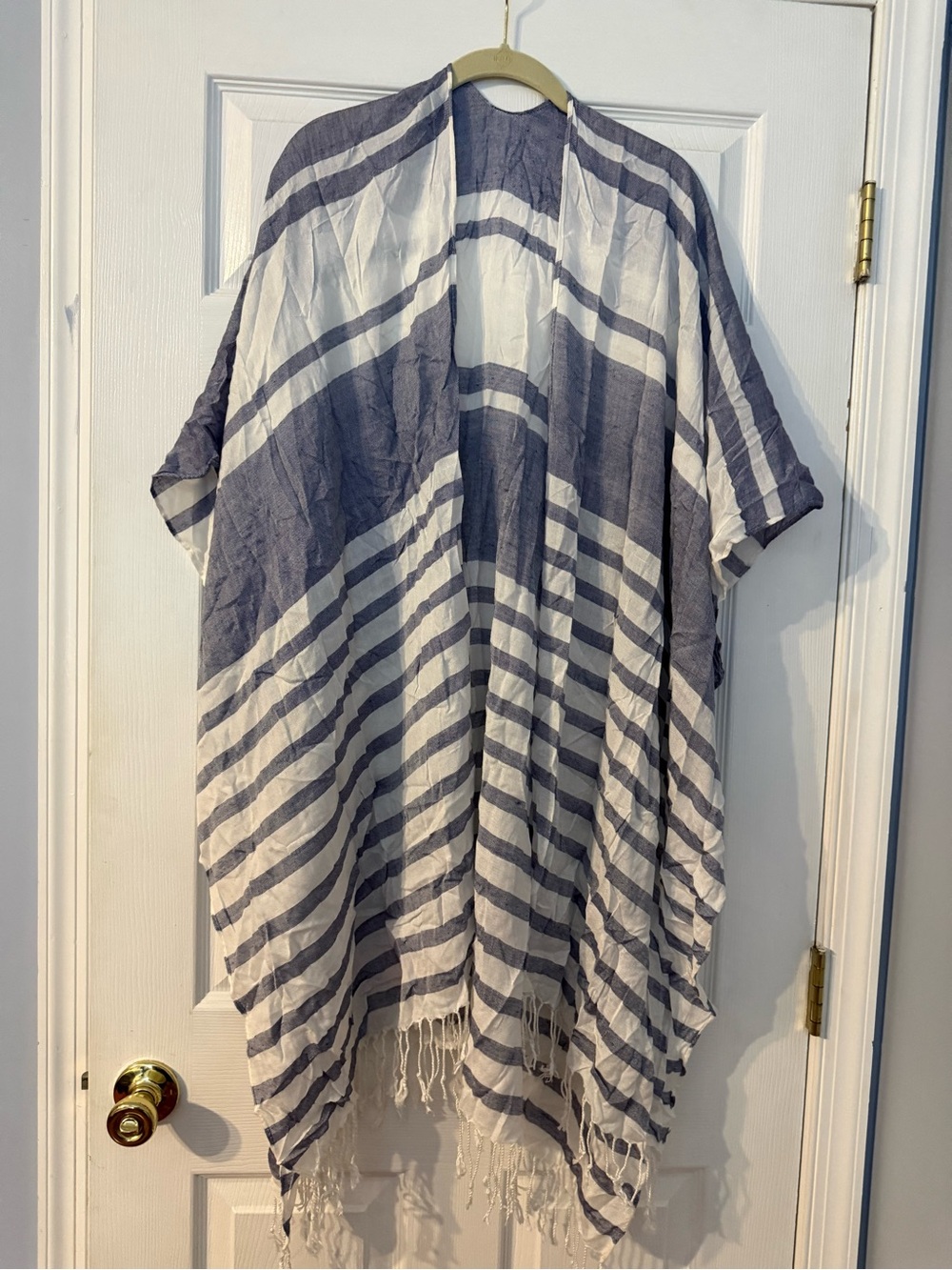 Isaac Mizrahi Navy and White Striped Fringe Beach Coverup